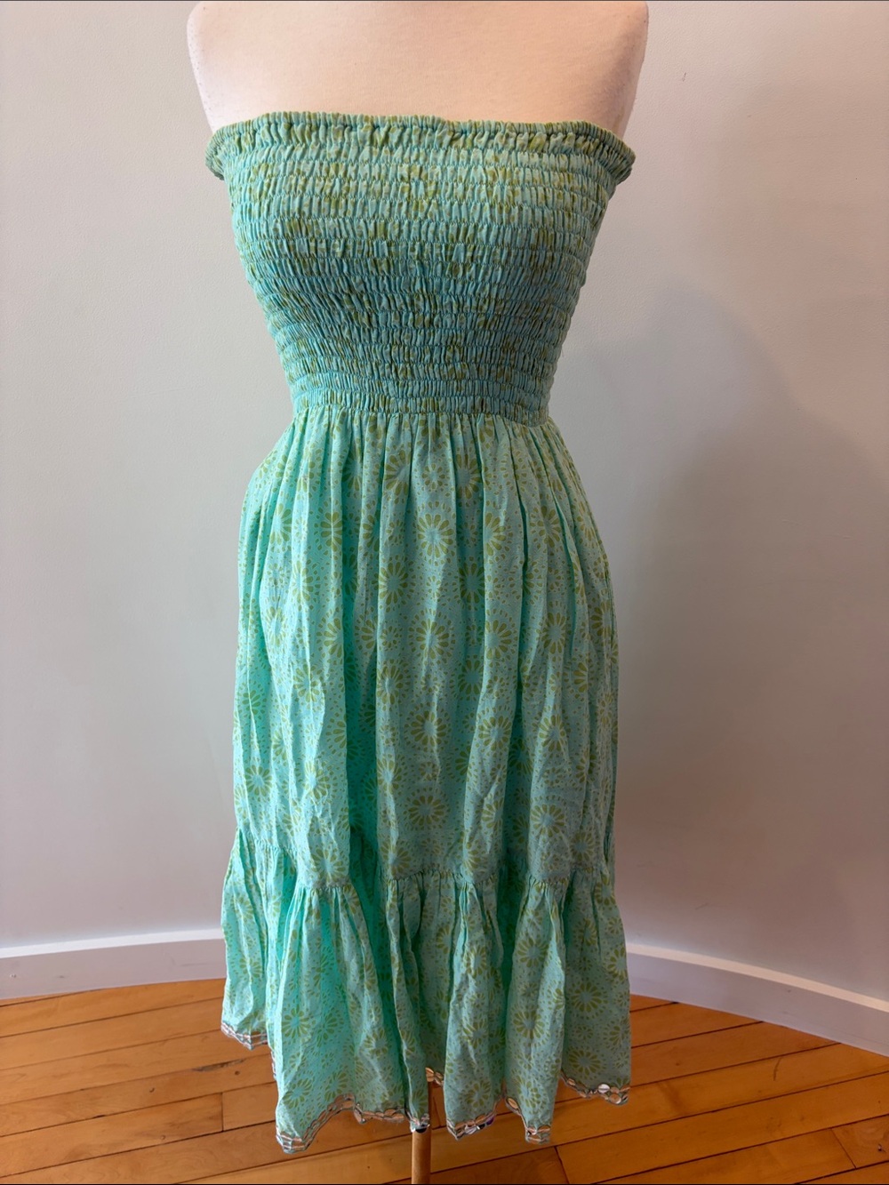 Blue and green strapless cotton sundress - Size S